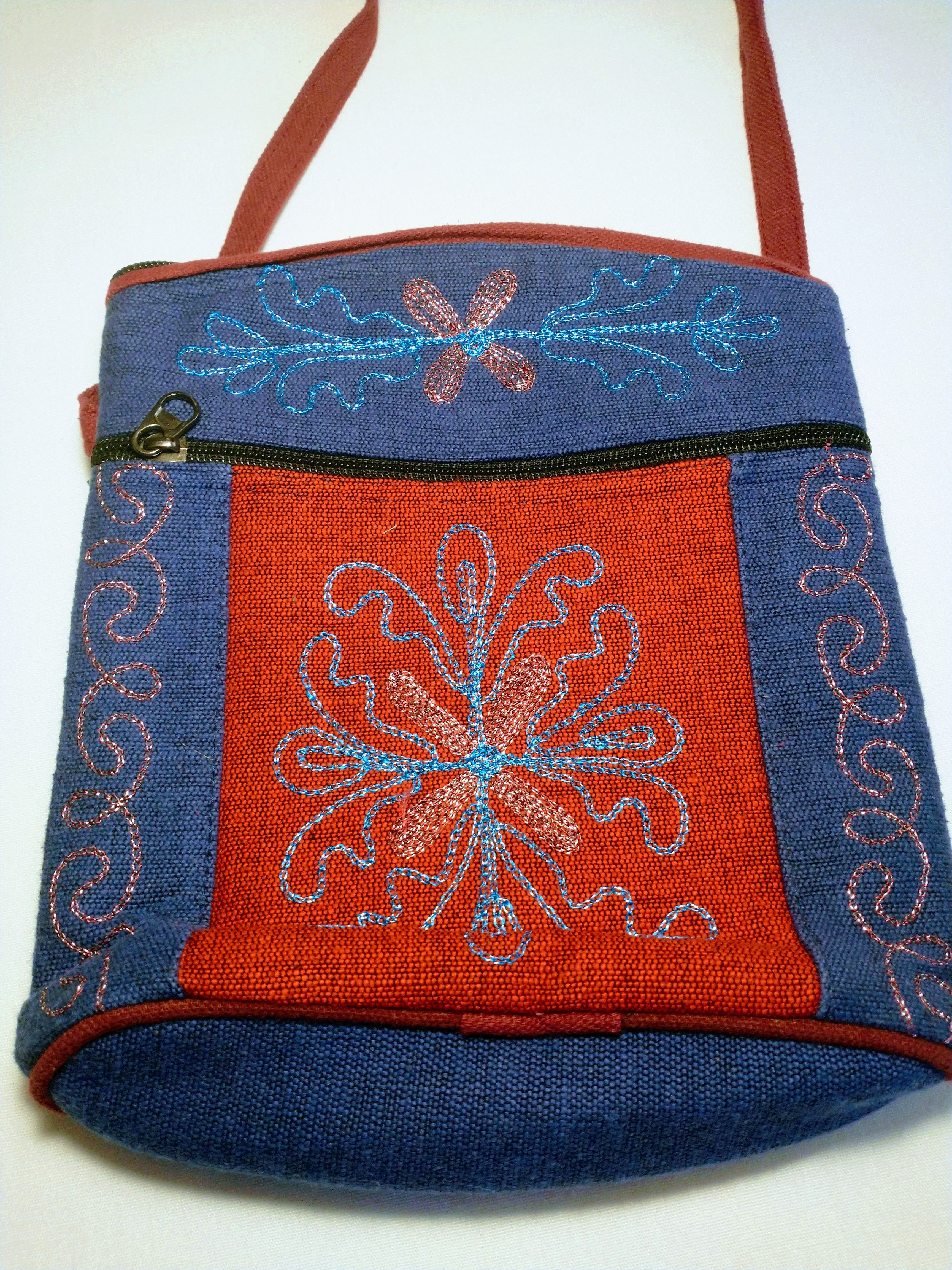 Wide Bottom Crossbody Blue/Red with Flower